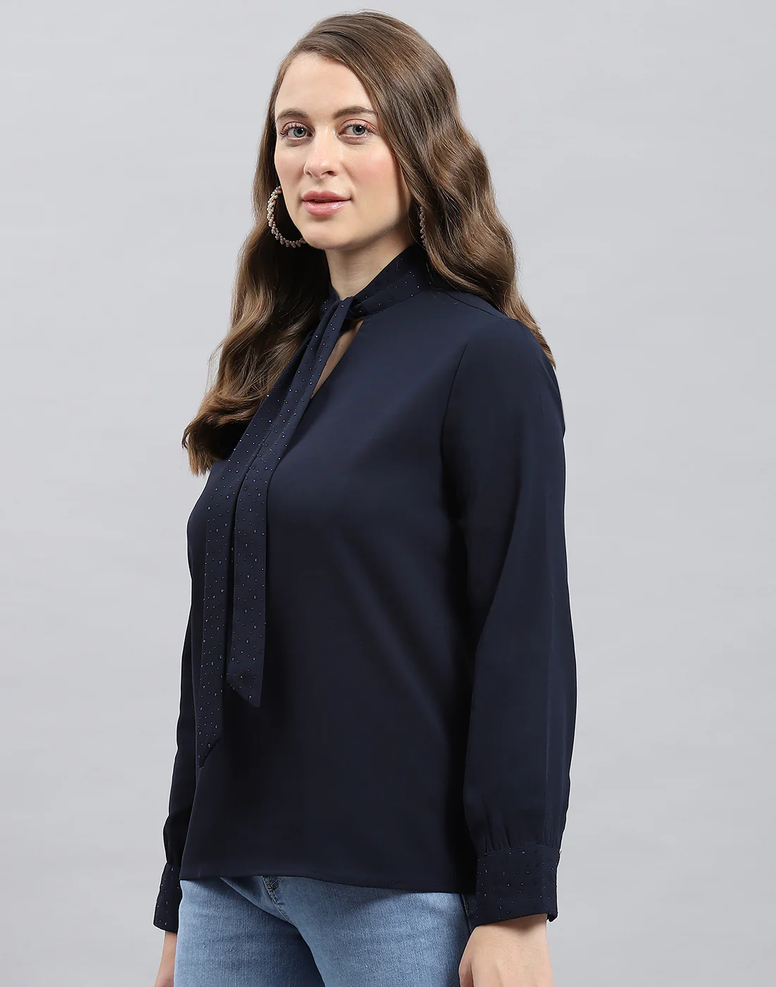 Women Navy Blue Solid Mock Neck Full Sleeve Winter Top - Image 3