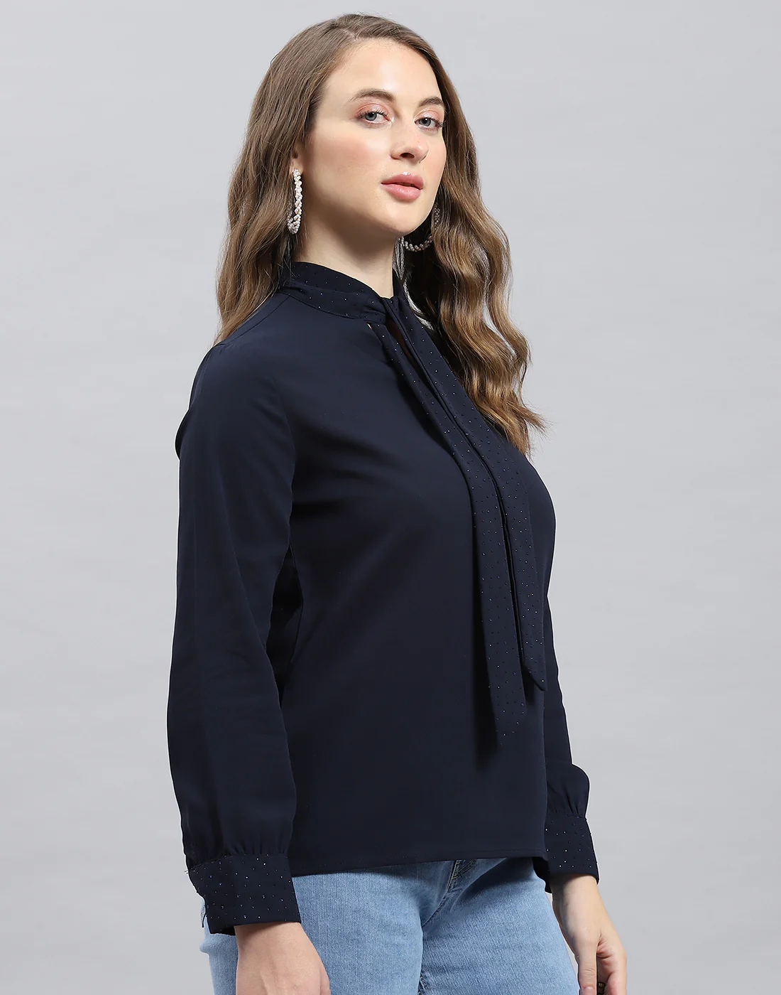 Women Navy Blue Solid Mock Neck Full Sleeve Winter Top - Image 4