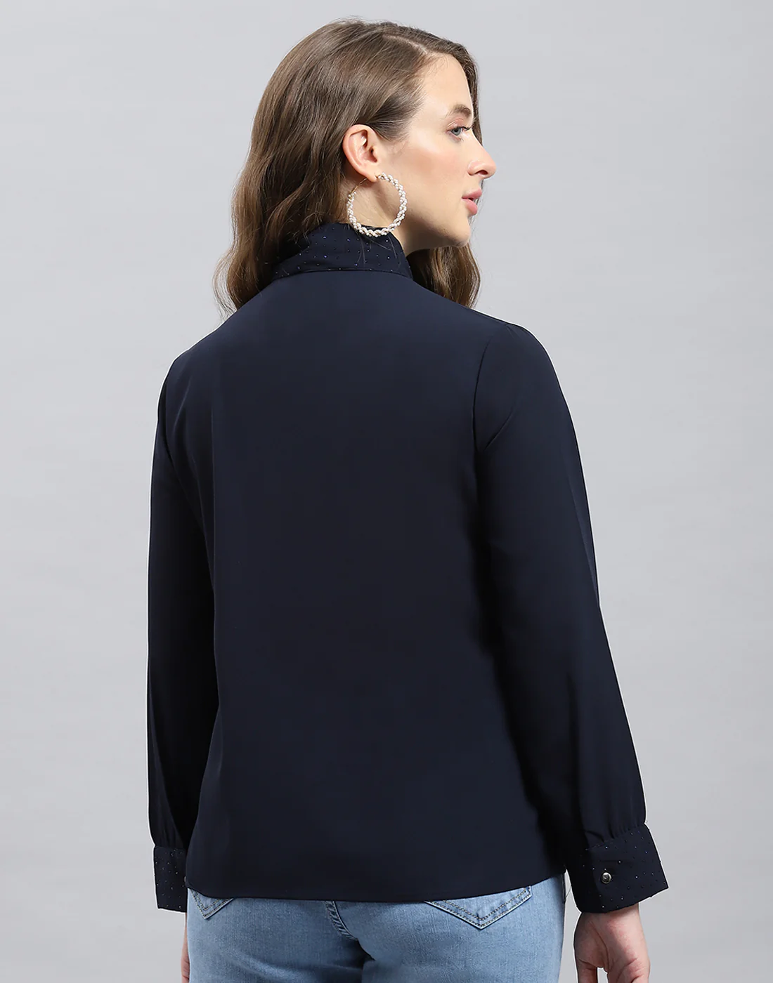 Women Navy Blue Solid Mock Neck Full Sleeve Winter Top - Image 5