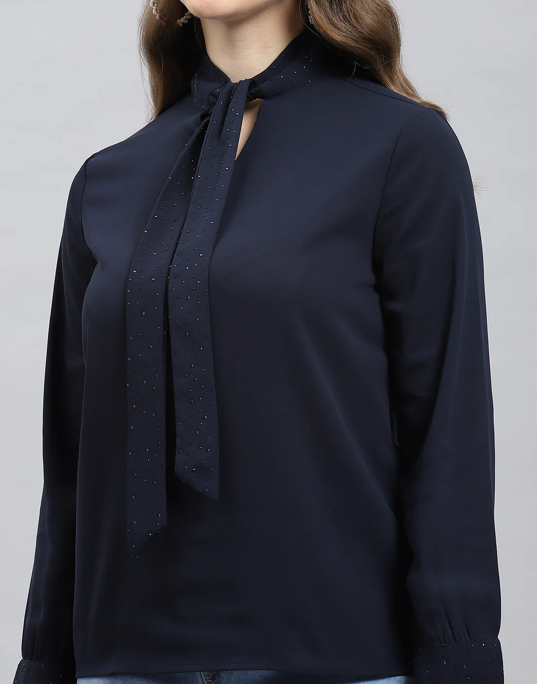 Women Navy Blue Solid Mock Neck Full Sleeve Winter Top - Image 6