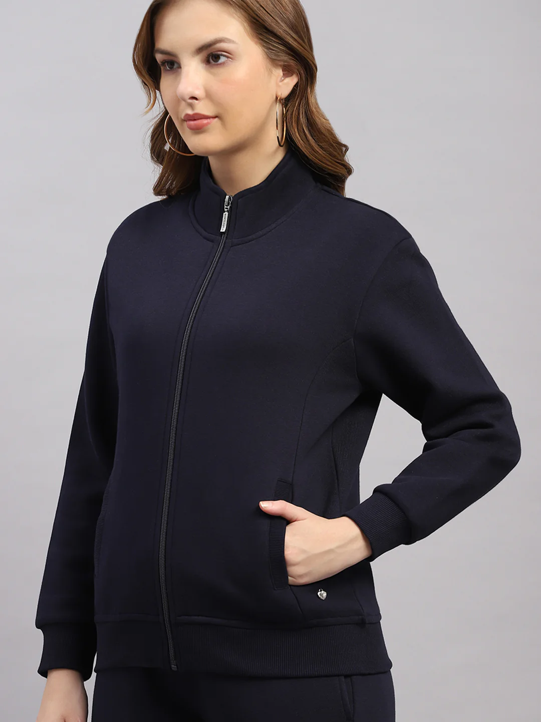 Women Navy Blue Solid Mock Neck Full Sleeve Winter Tracksuit - Image 6