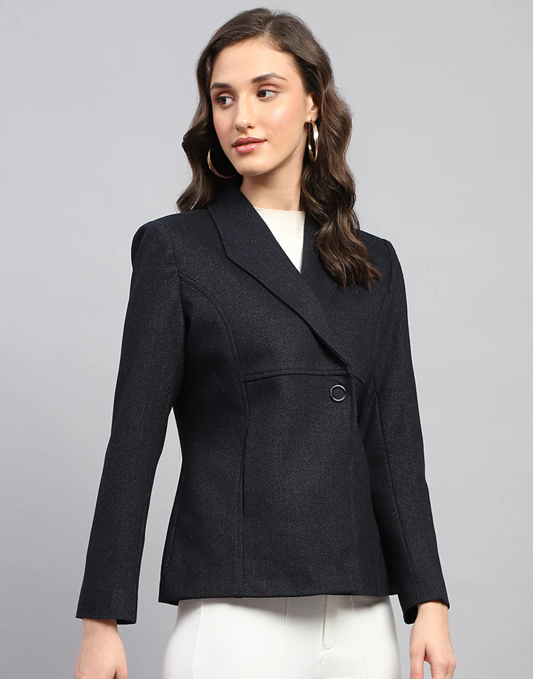 Women Navy Blue Solid Notch Lapel Collar Full Sleeve Coat - Image 5