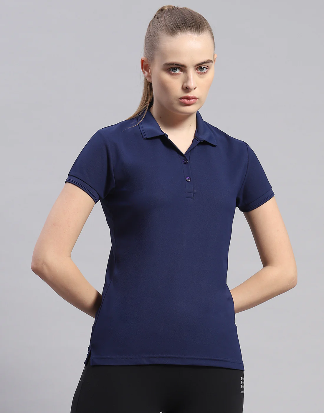 Rock.it Women Navy Blue Solid Polo Collar Half Sleeve T-Shirt - Image 2