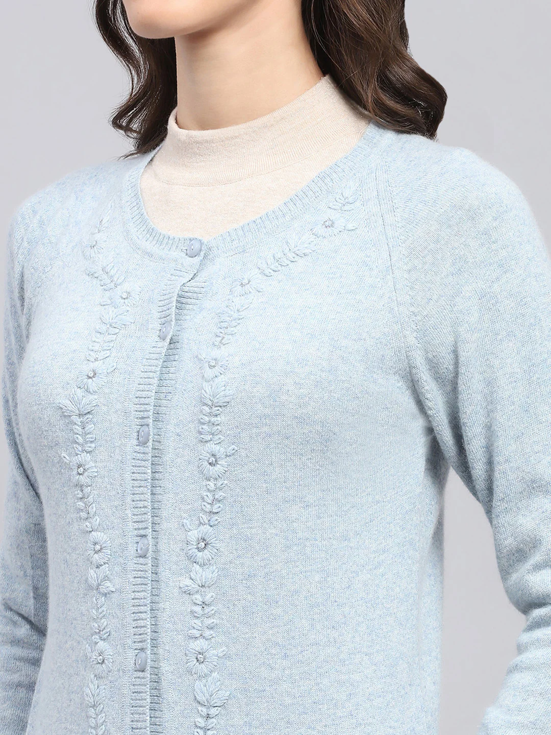 Women Sky Blue Solid Round Neck Full Sleeve Cardigan - Image 3