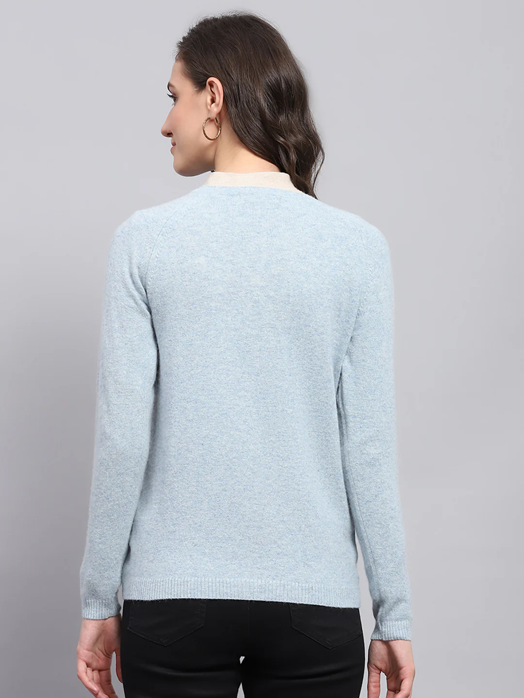 Women Sky Blue Solid Round Neck Full Sleeve Cardigan - Image 5