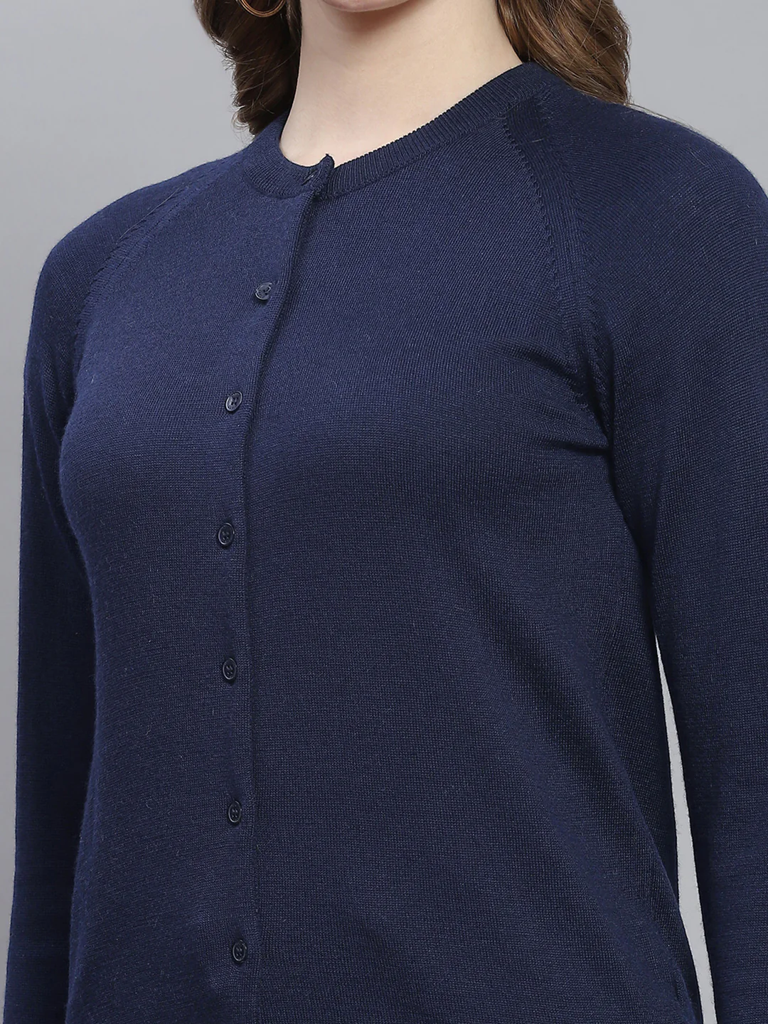 Women Navy Blue Solid Round Neck Full Sleeve Cardigans - Image 6
