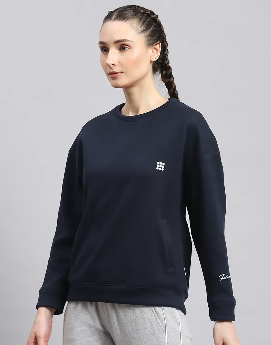 Rock.it Women Navy Blue Solid Round Neck Full Sleeve Sweatshirt - Image 3
