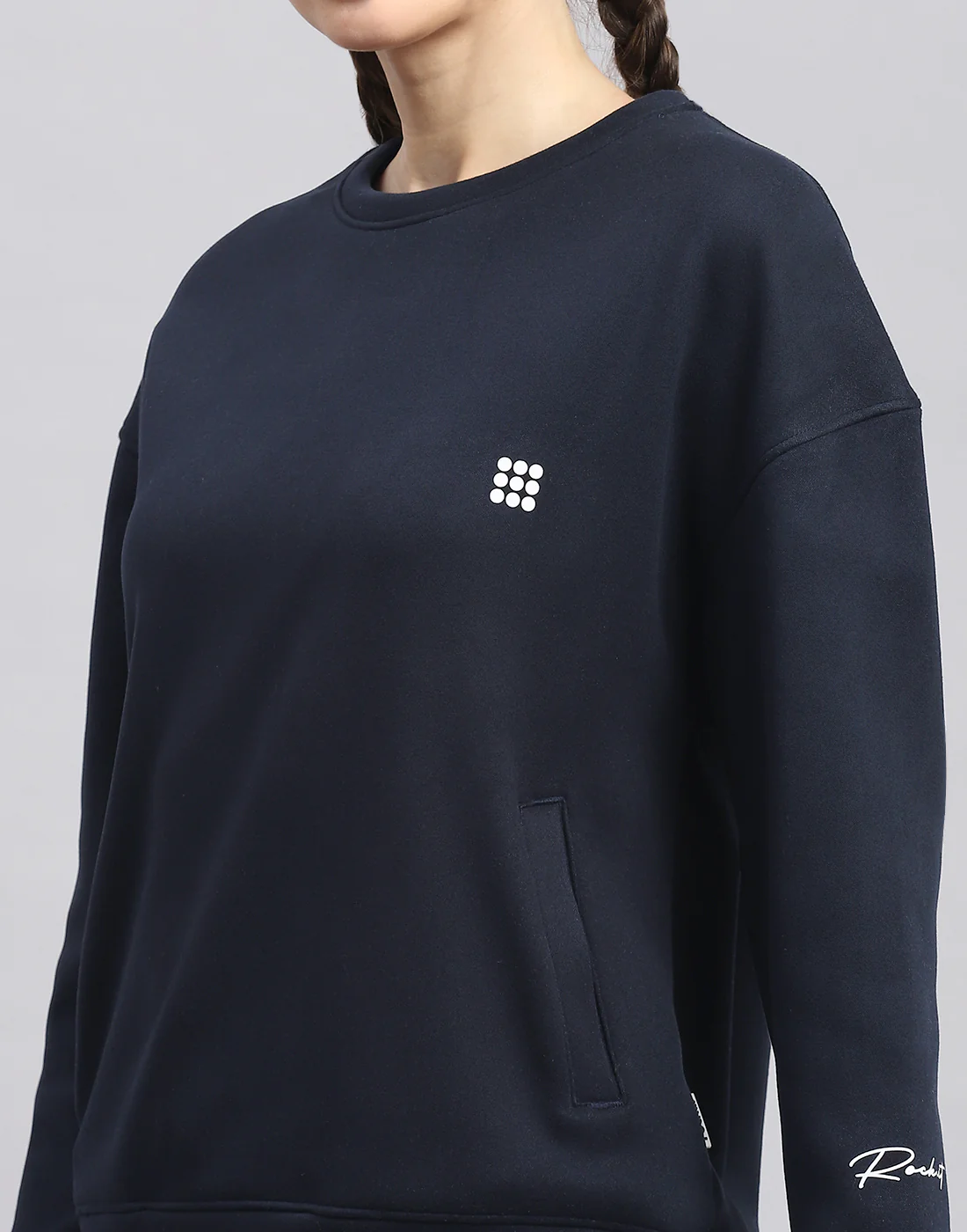 Rock.it Women Navy Blue Solid Round Neck Full Sleeve Sweatshirt - Image 7