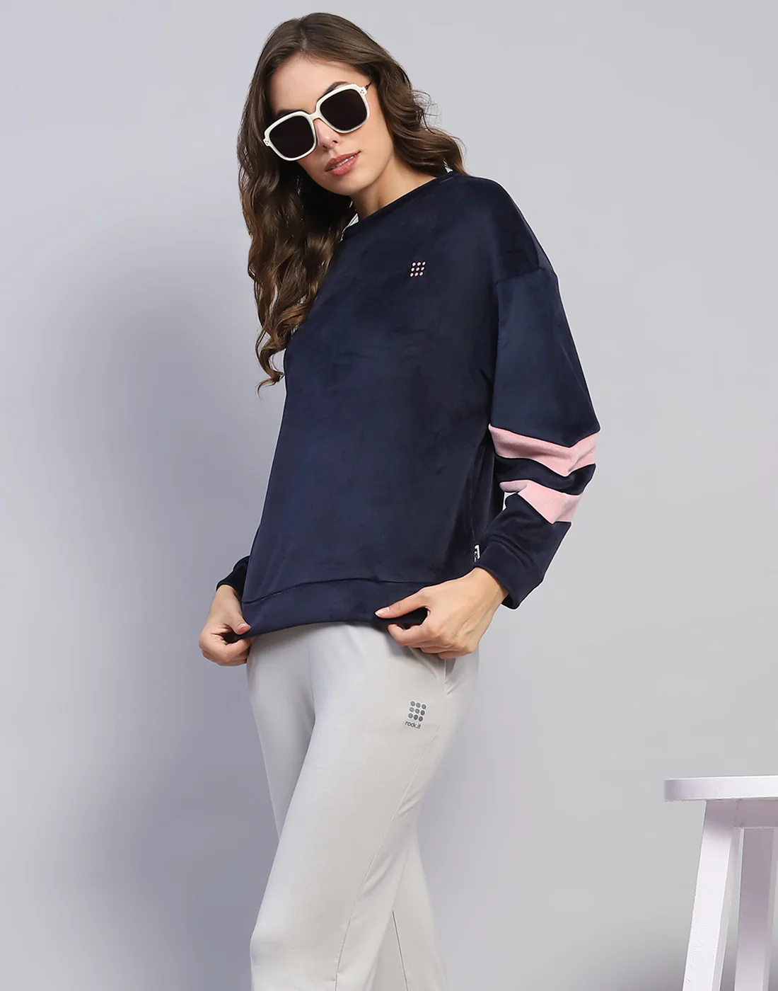 Rock.it Women Navy Blue Solid Round Neck Full Sleeve Sweatshirt - Image 6