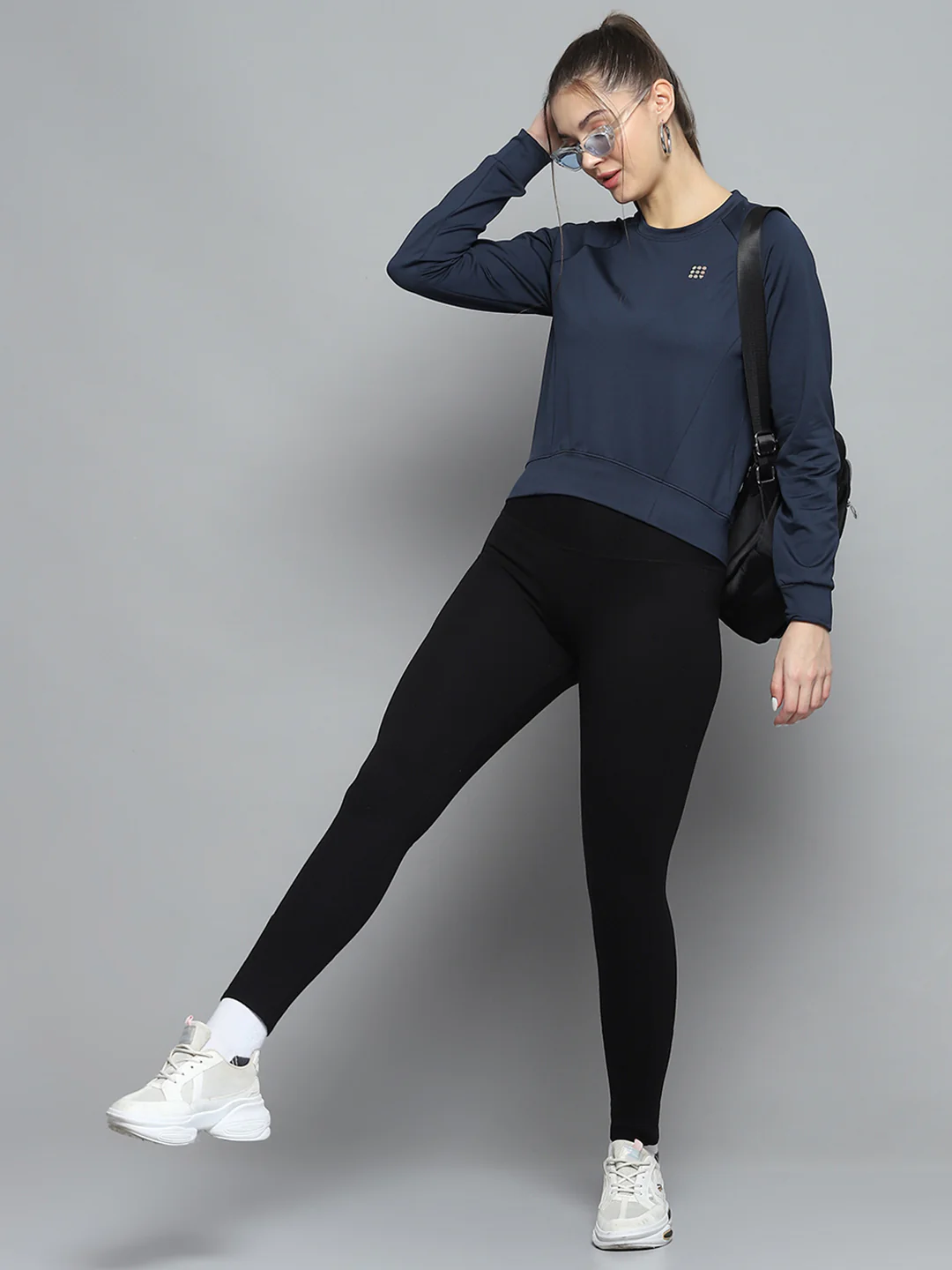 Rock.it Women Navy Blue Solid Round Neck Full Sleeve Sweatshirt - Image 2