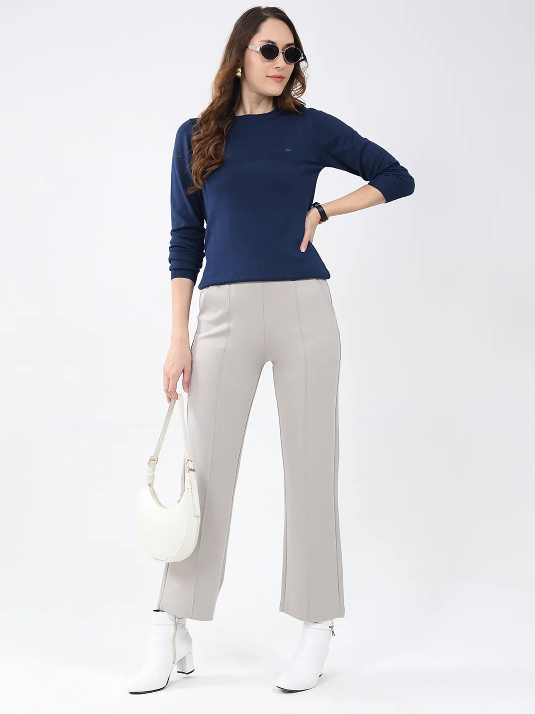 Women Navy Blue Solid Round Neck Full Sleeve Winter Top - Image 2