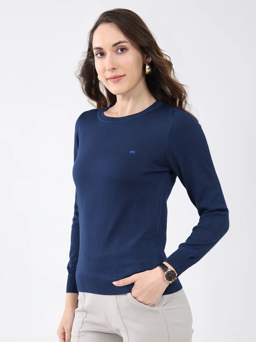 Women Navy Blue Solid Round Neck Full Sleeve Winter Top - Image 3