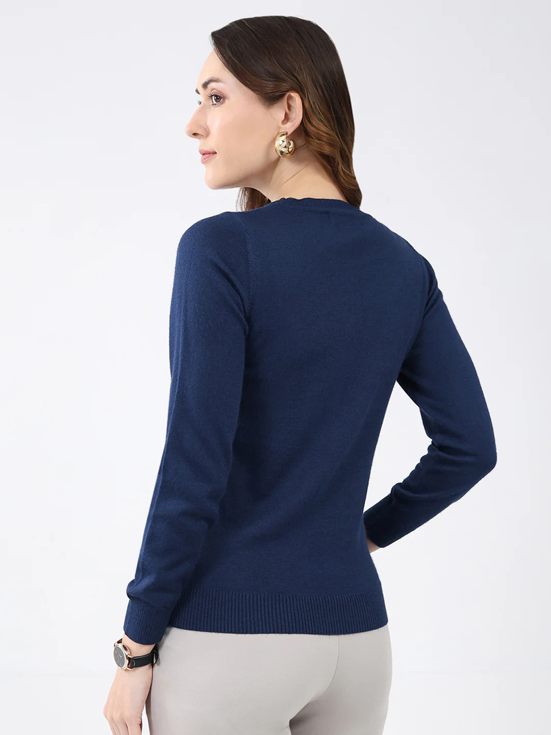 Women Navy Blue Solid Round Neck Full Sleeve Winter Top - Image 5