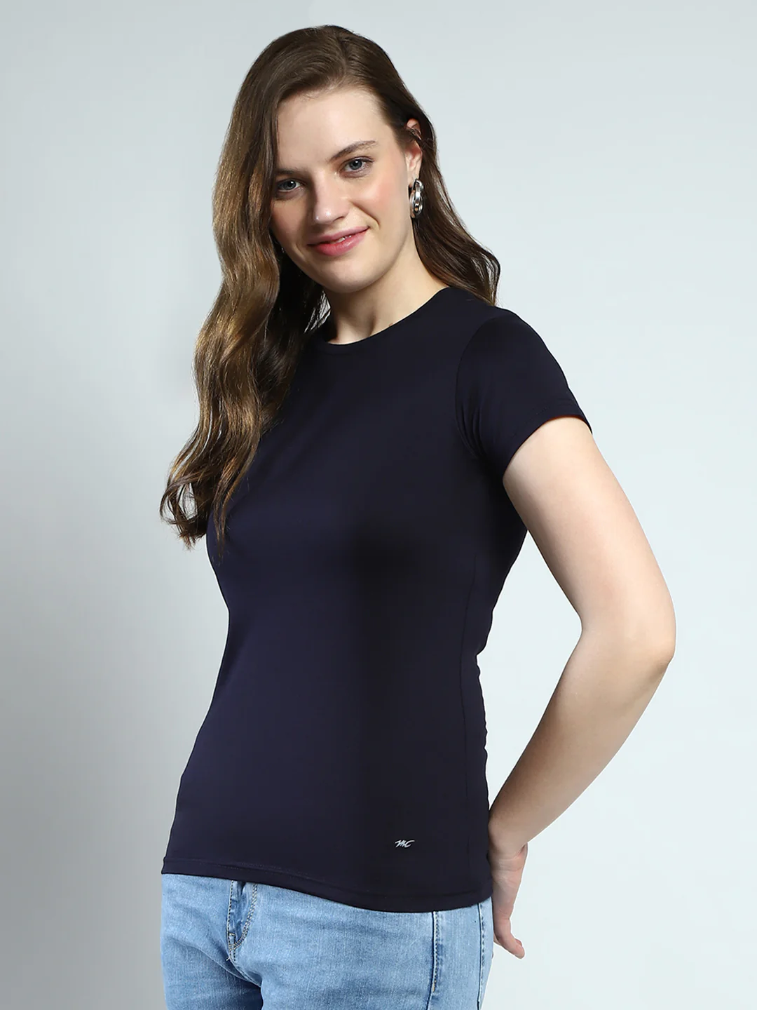 Women Navy Blue Solid Round Neck Half Sleeve Top - Image 3