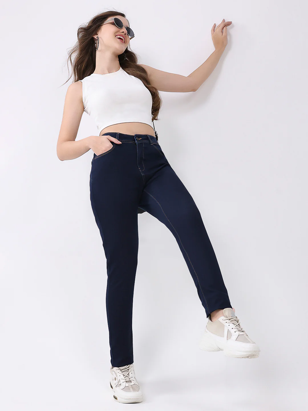 Women Navy Blue Solid Slim Fit Denim - Image 2