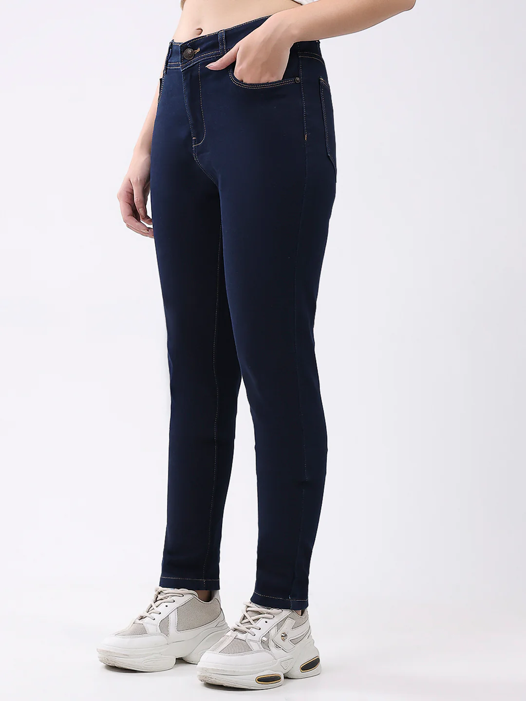 Women Navy Blue Solid Slim Fit Denim - Image 3