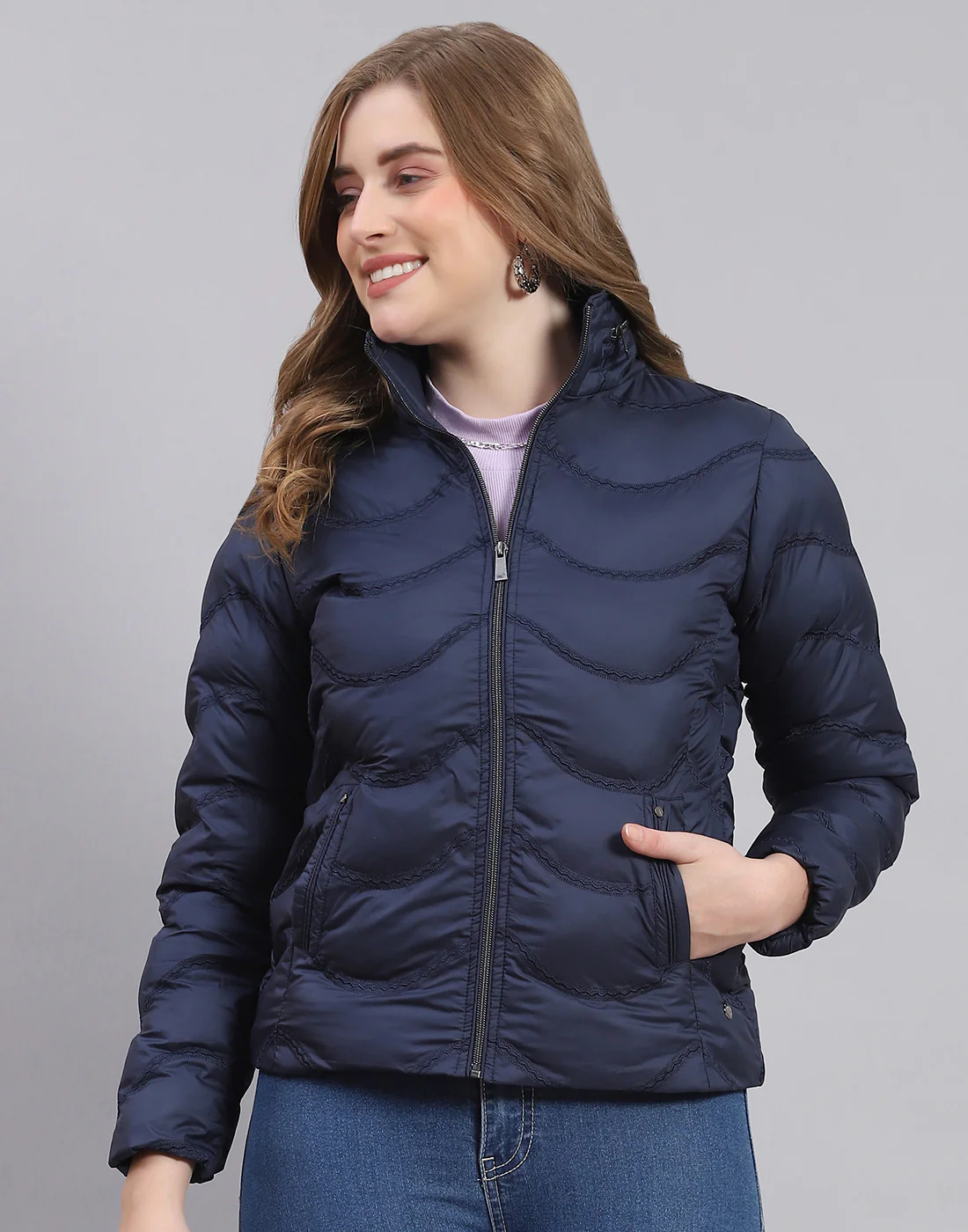 Women Navy Blue Solid Stand Collar Full Sleeve Jacket - Image 2