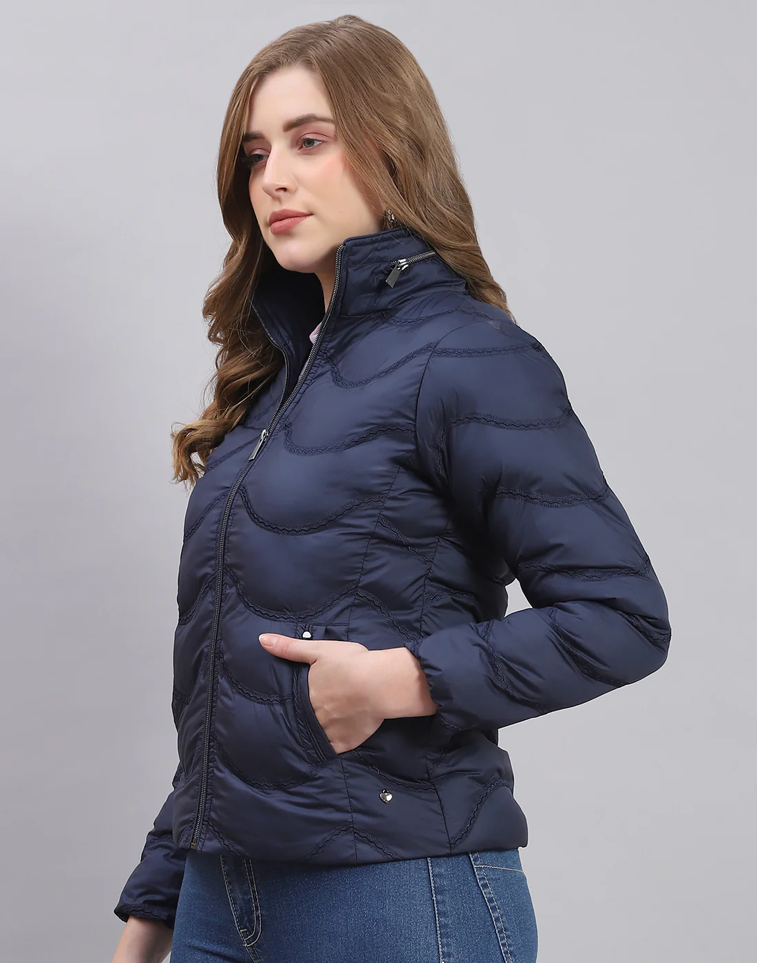 Women Navy Blue Solid Stand Collar Full Sleeve Jacket - Image 3