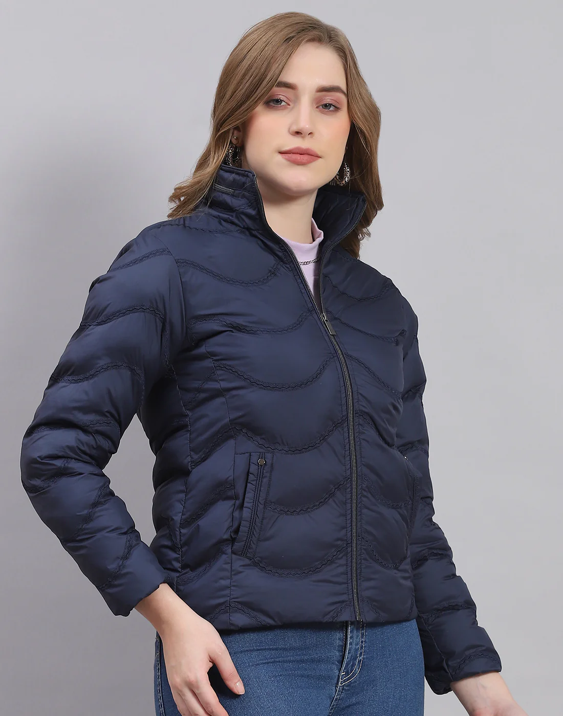 Women Navy Blue Solid Stand Collar Full Sleeve Jacket - Image 4