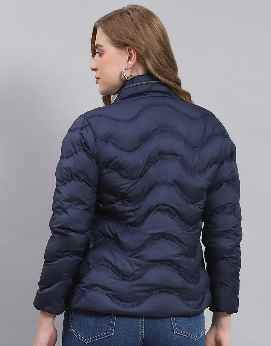 Women Navy Blue Solid Stand Collar Full Sleeve Jacket - Image 5