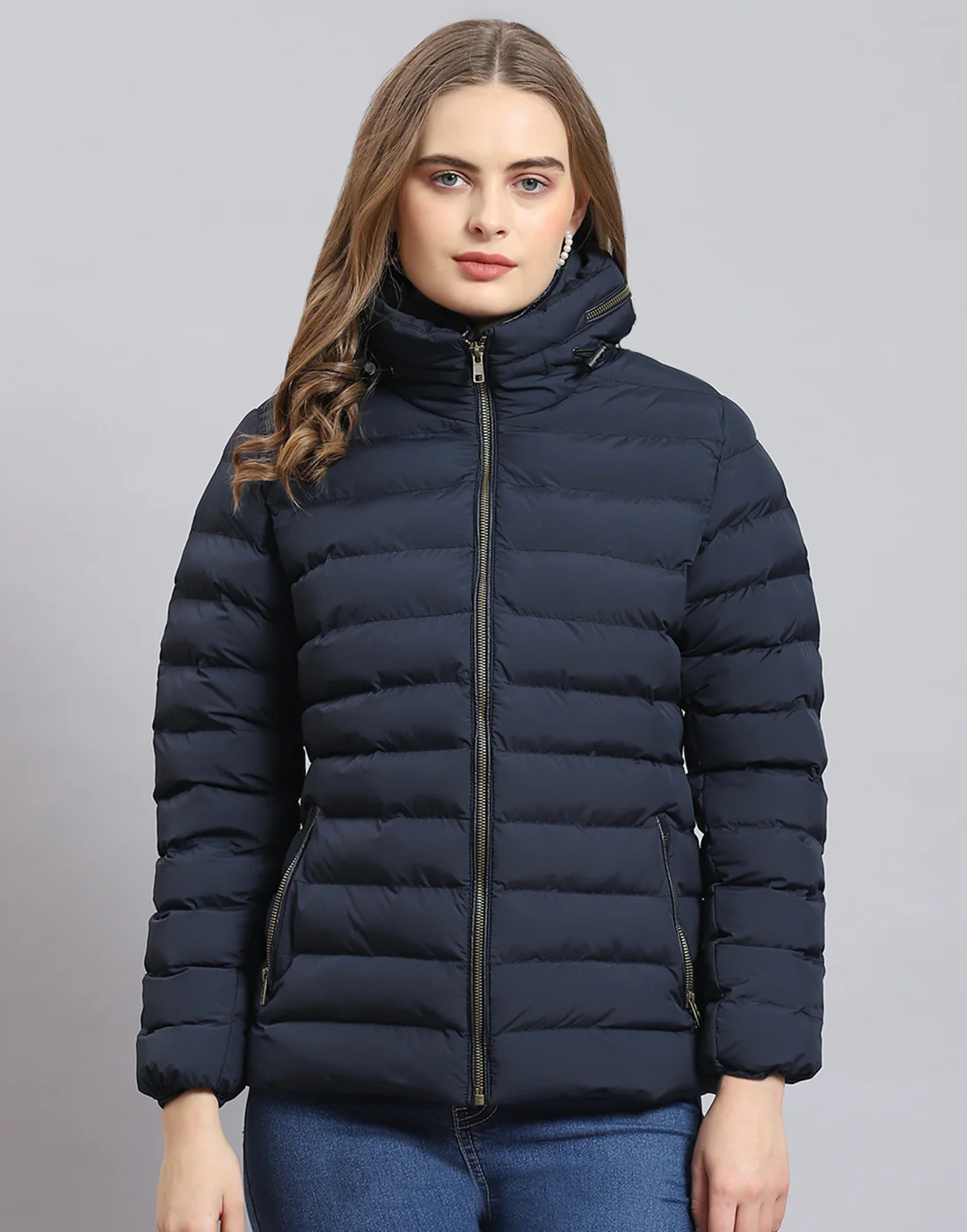 Women Navy Blue Solid Stand Collar Full Sleeve Jacket - Image 2