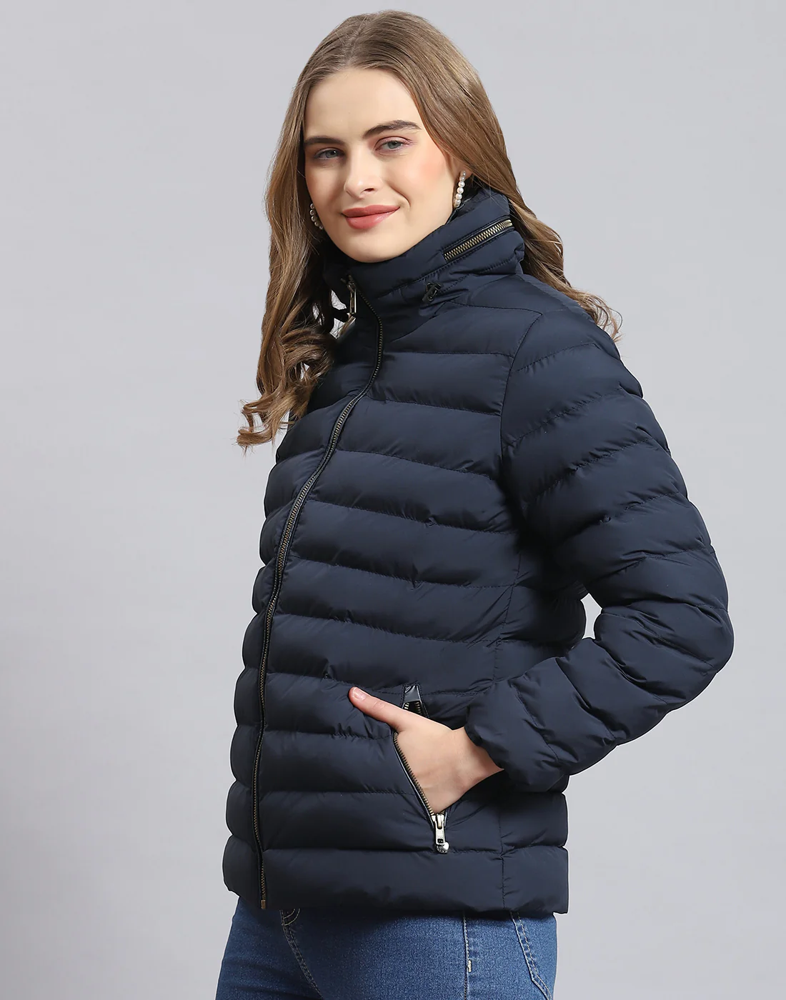Women Navy Blue Solid Stand Collar Full Sleeve Jacket - Image 3