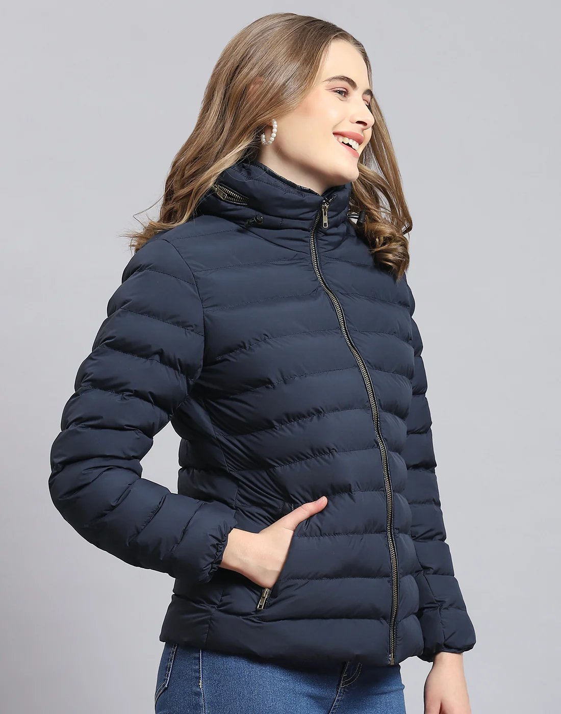 Women Navy Blue Solid Stand Collar Full Sleeve Jacket - Image 4