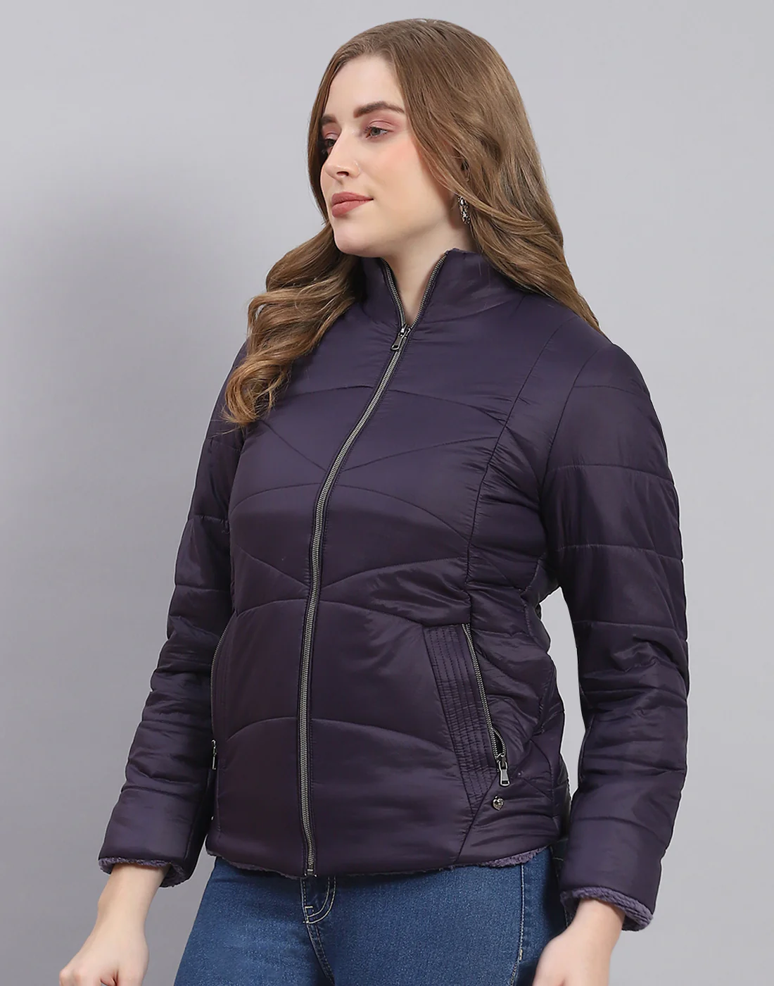 Women Navy Blue Solid Stand Collar Full Sleeve Jacket - Image 3
