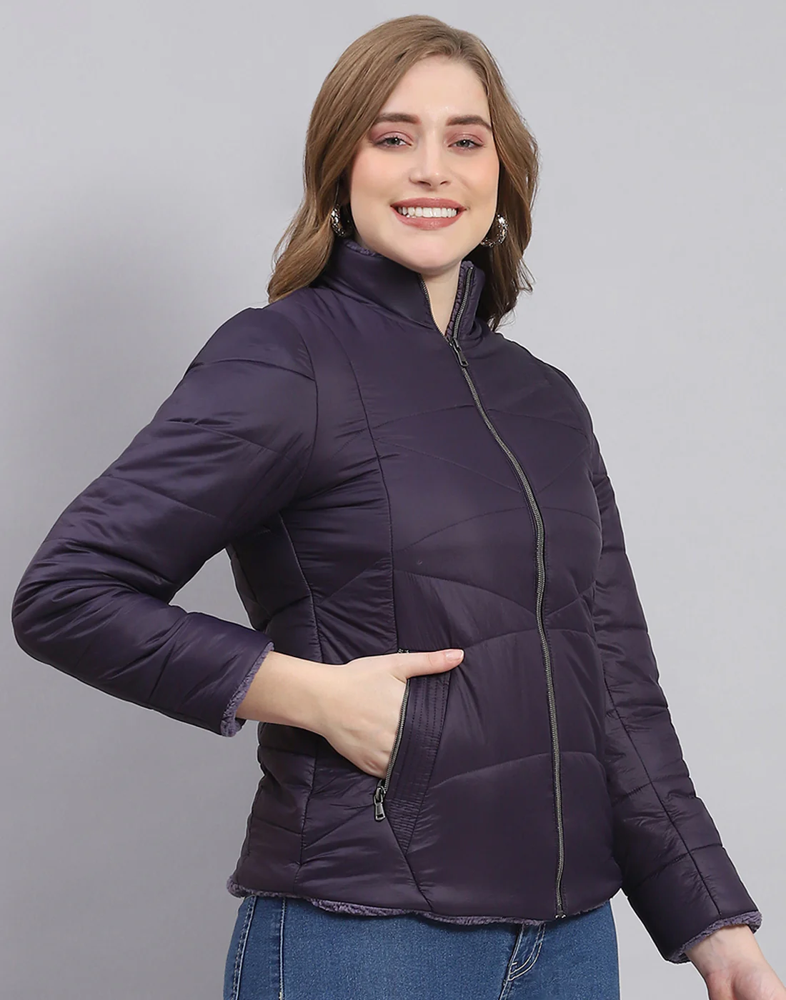 Women Navy Blue Solid Stand Collar Full Sleeve Jacket - Image 4