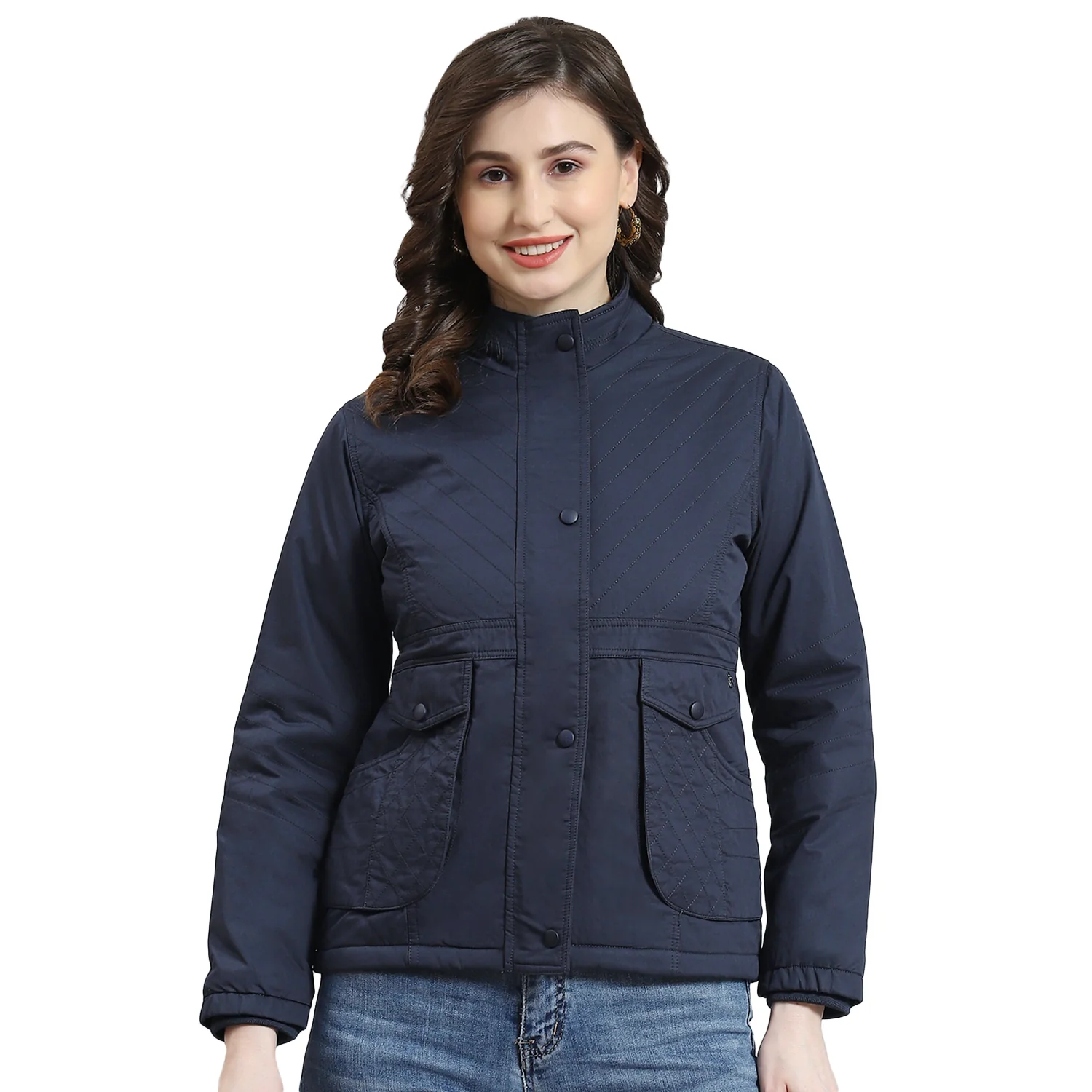 Women Navy Blue Solid Stand Collar Full Sleeve Jacket - Image 5