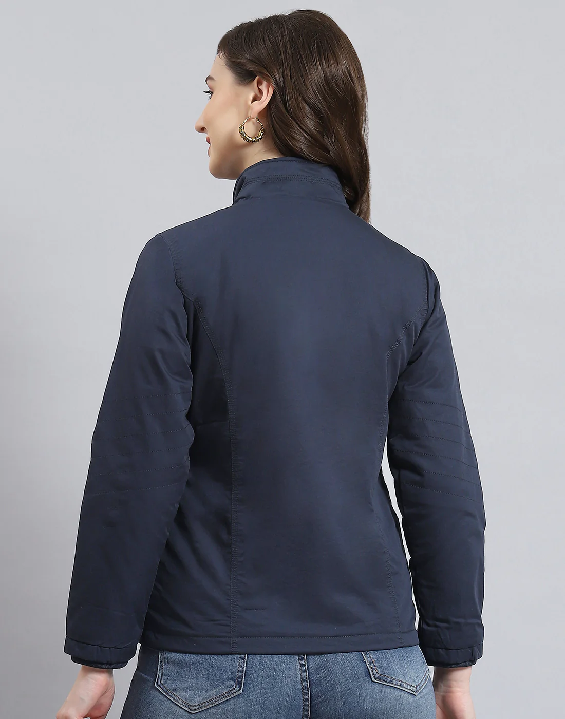 Women Navy Blue Solid Stand Collar Full Sleeve Jacket - Image 6