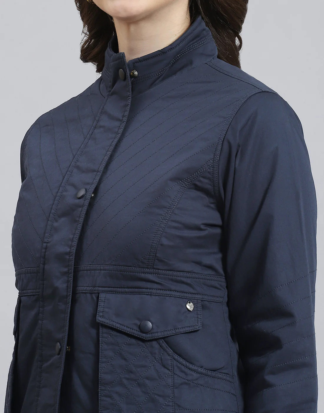 Women Navy Blue Solid Stand Collar Full Sleeve Jacket - Image 7