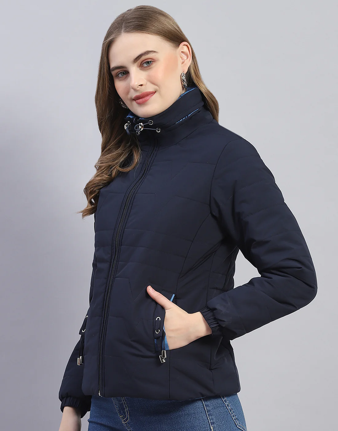 Women Navy Blue Solid Stand Collar Full Sleeve Jacket - Image 3