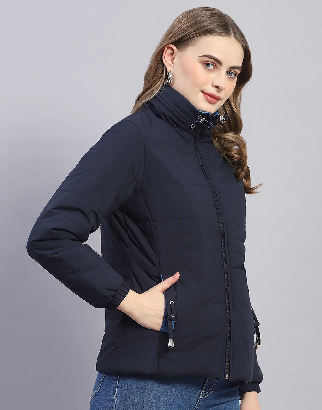 Women Navy Blue Solid Stand Collar Full Sleeve Jacket - Image 4