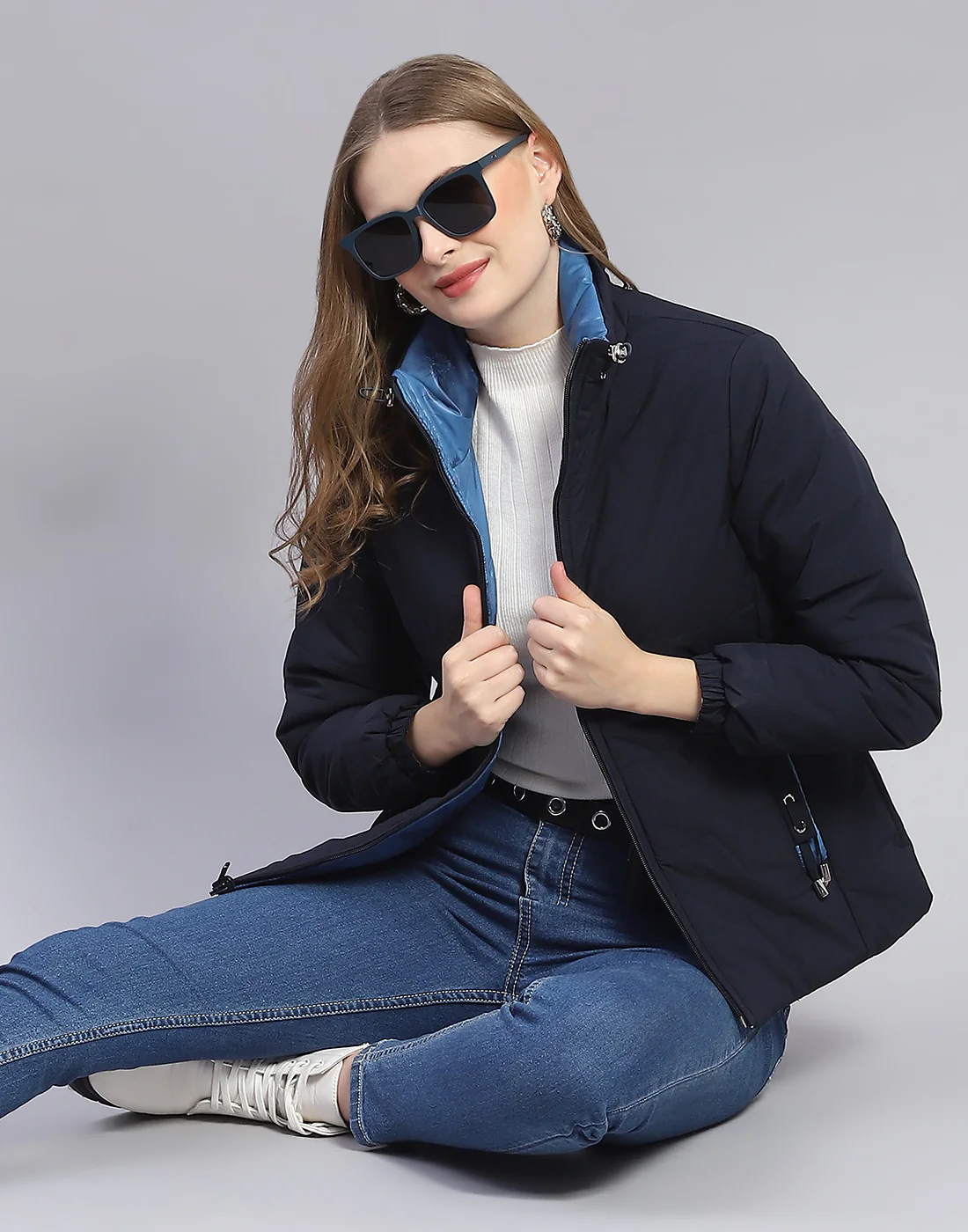 Women Navy Blue Solid Stand Collar Full Sleeve Jacket - Image 6