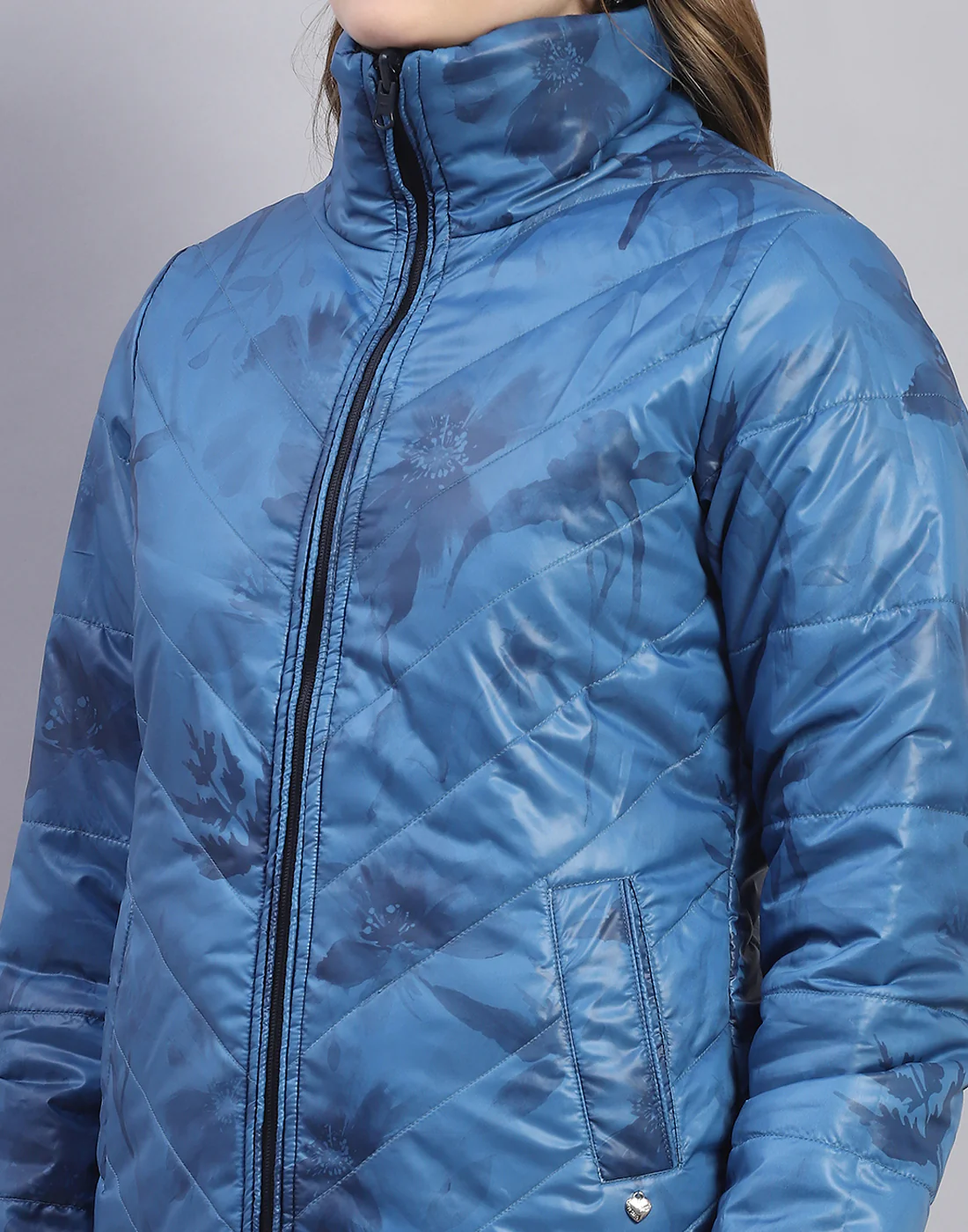 Women Navy Blue Solid Stand Collar Full Sleeve Jacket - Image 9