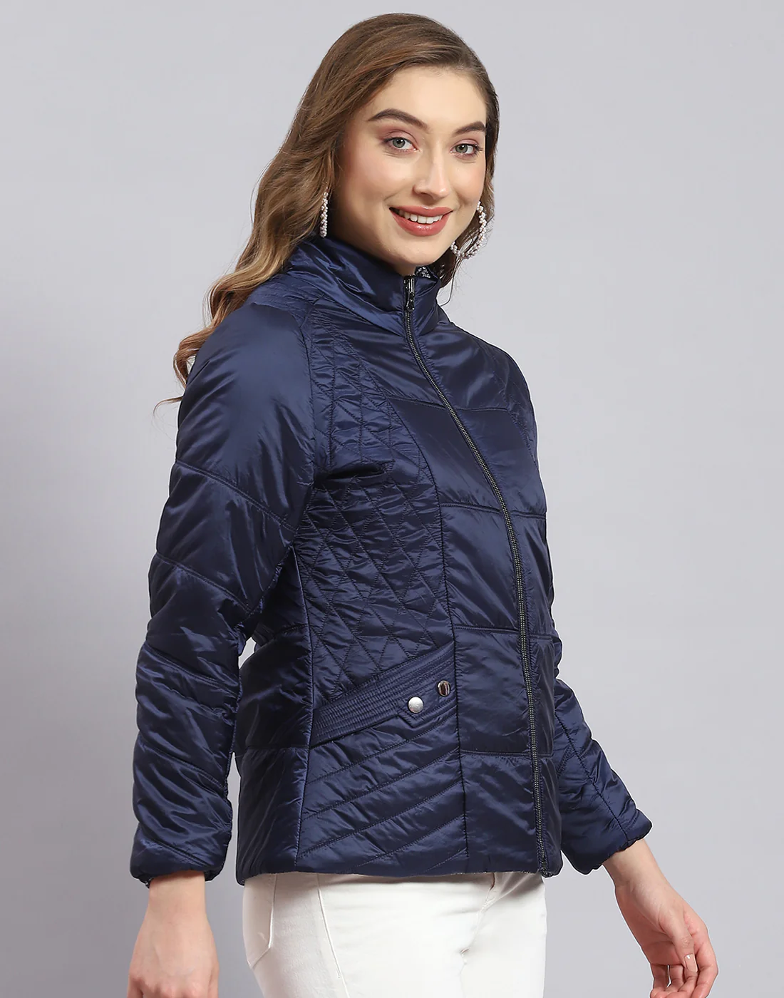 Women Navy Blue Solid Stand Collar Full Sleeve Jacket - Image 4