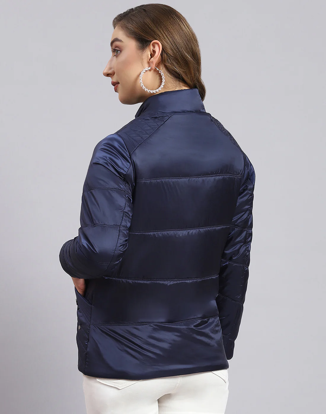 Women Navy Blue Solid Stand Collar Full Sleeve Jacket - Image 5