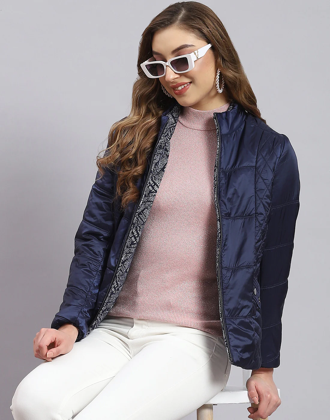 Women Navy Blue Solid Stand Collar Full Sleeve Jacket - Image 6
