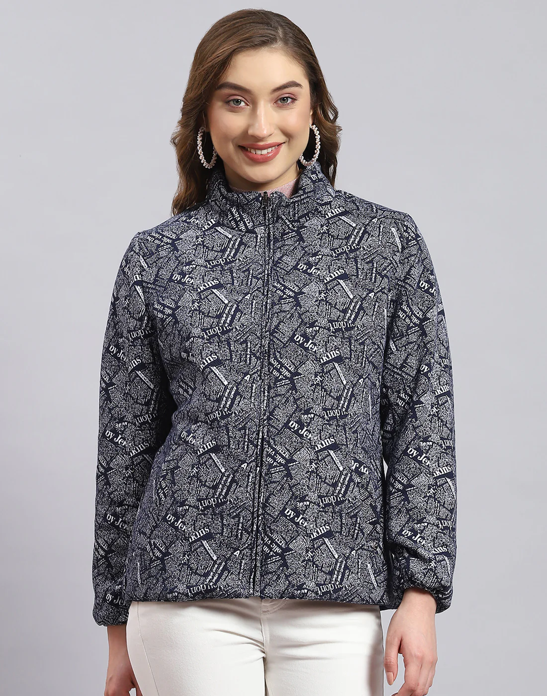 Women Navy Blue Solid Stand Collar Full Sleeve Jacket - Image 7