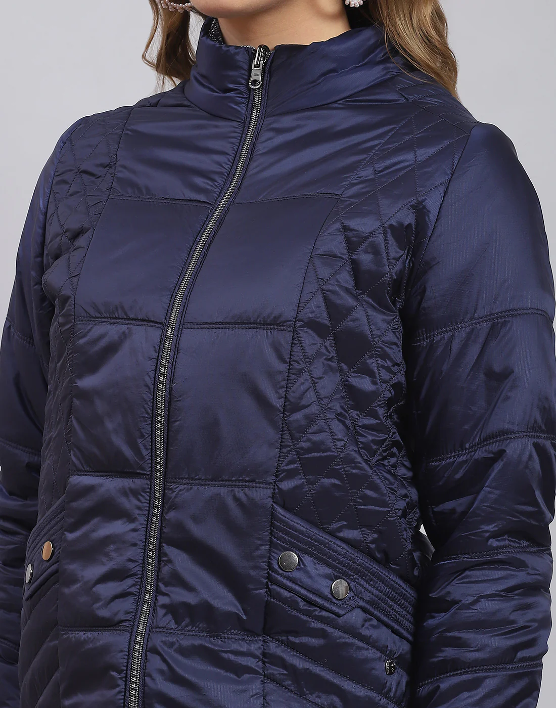 Women Navy Blue Solid Stand Collar Full Sleeve Jacket - Image 9