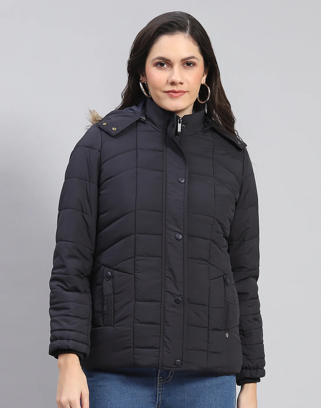 Women Navy Blue Solid Stand Collar Full Sleeve Jacket - Image 2