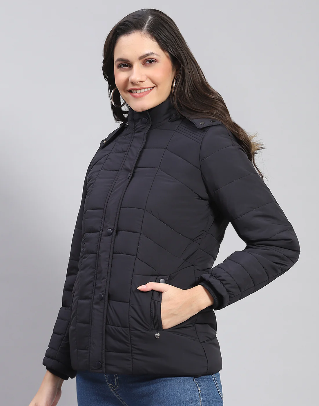 Women Navy Blue Solid Stand Collar Full Sleeve Jacket - Image 3
