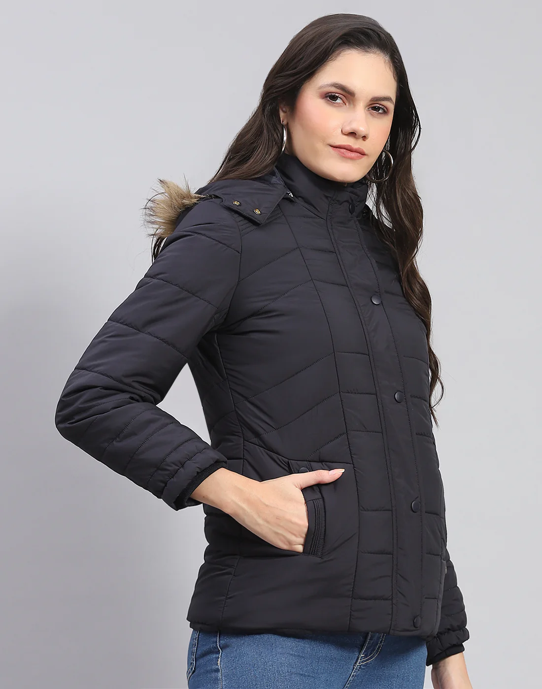 Women Navy Blue Solid Stand Collar Full Sleeve Jacket - Image 4