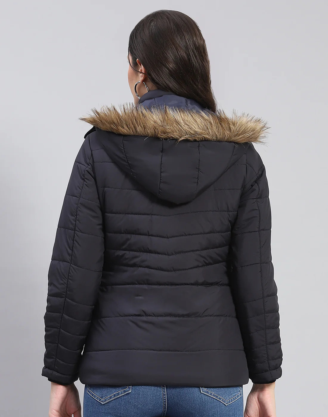 Women Navy Blue Solid Stand Collar Full Sleeve Jacket - Image 5