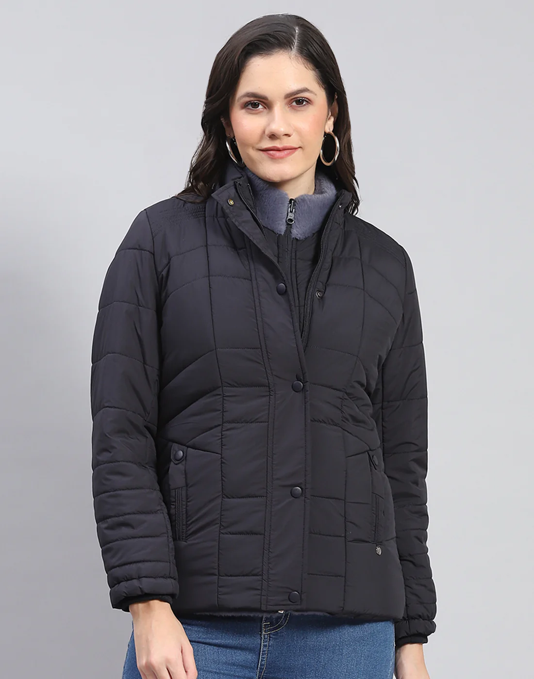 Women Navy Blue Solid Stand Collar Full Sleeve Jacket - Image 7