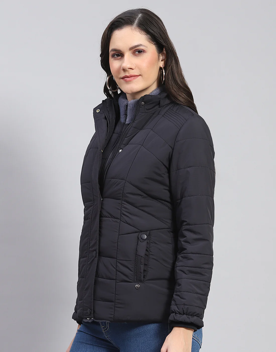 Women Navy Blue Solid Stand Collar Full Sleeve Jacket - Image 8