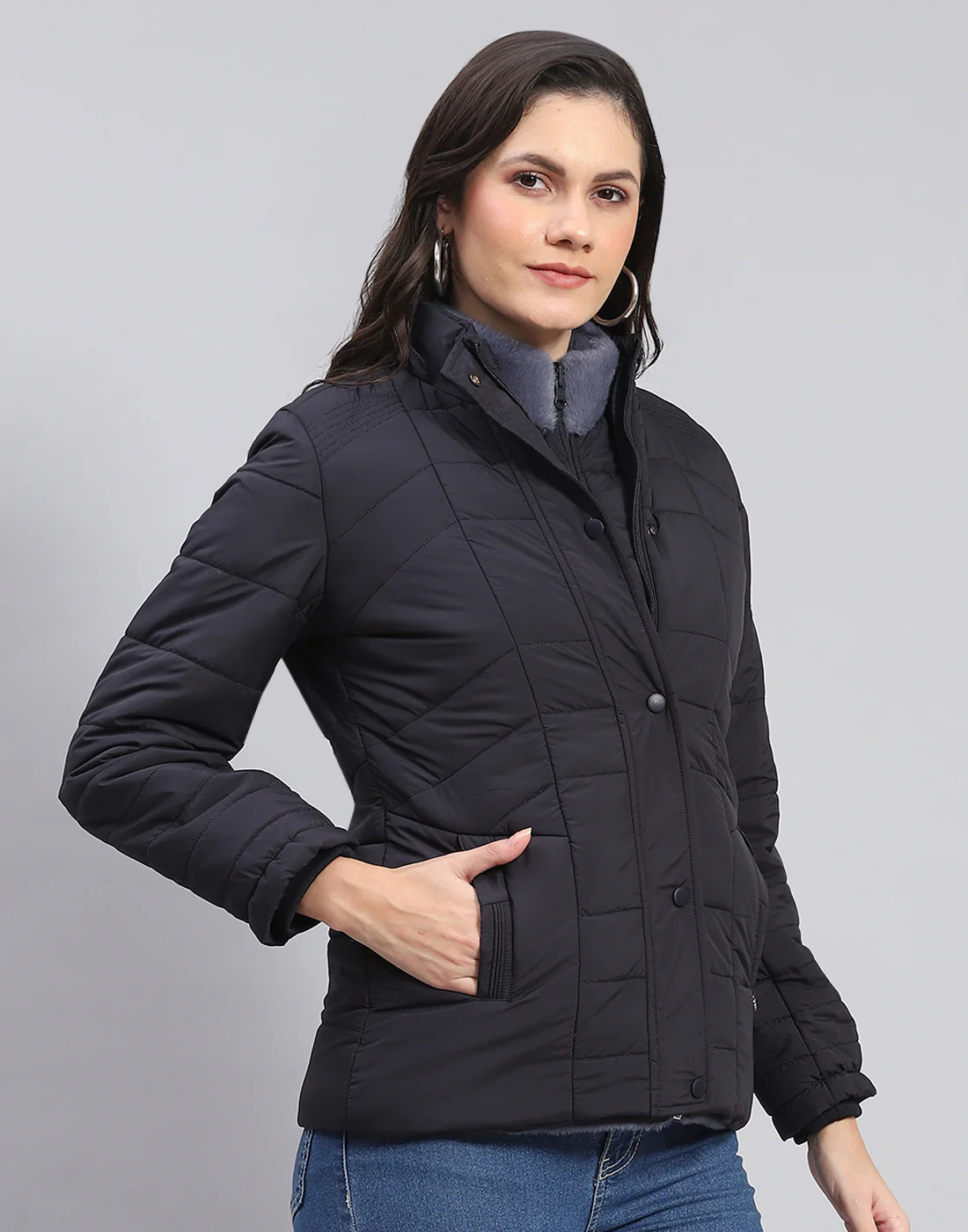 Women Navy Blue Solid Stand Collar Full Sleeve Jacket - Image 9