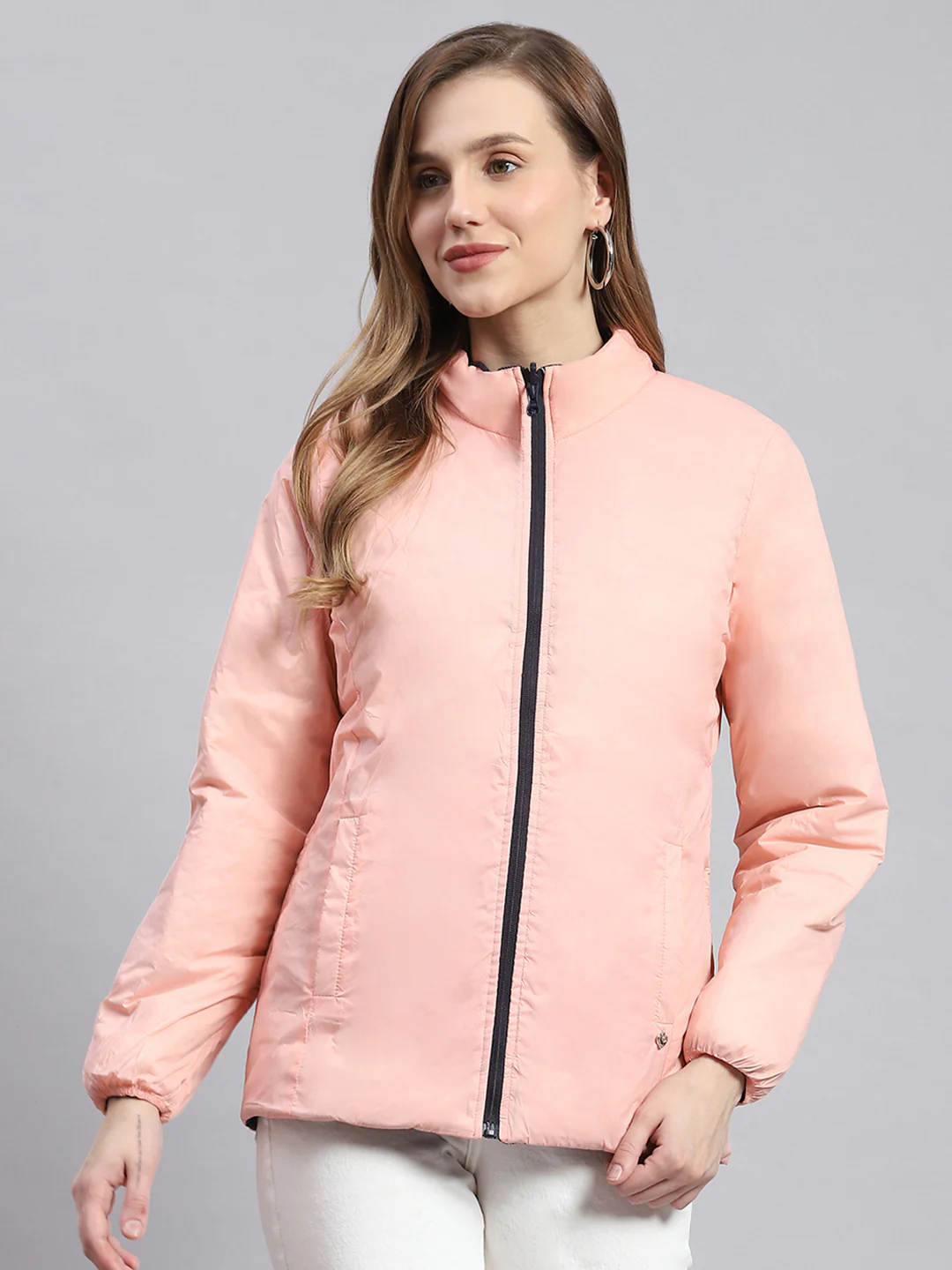 Women Navy Blue Solid Stand Collar Full Sleeve Jackets - Image 4