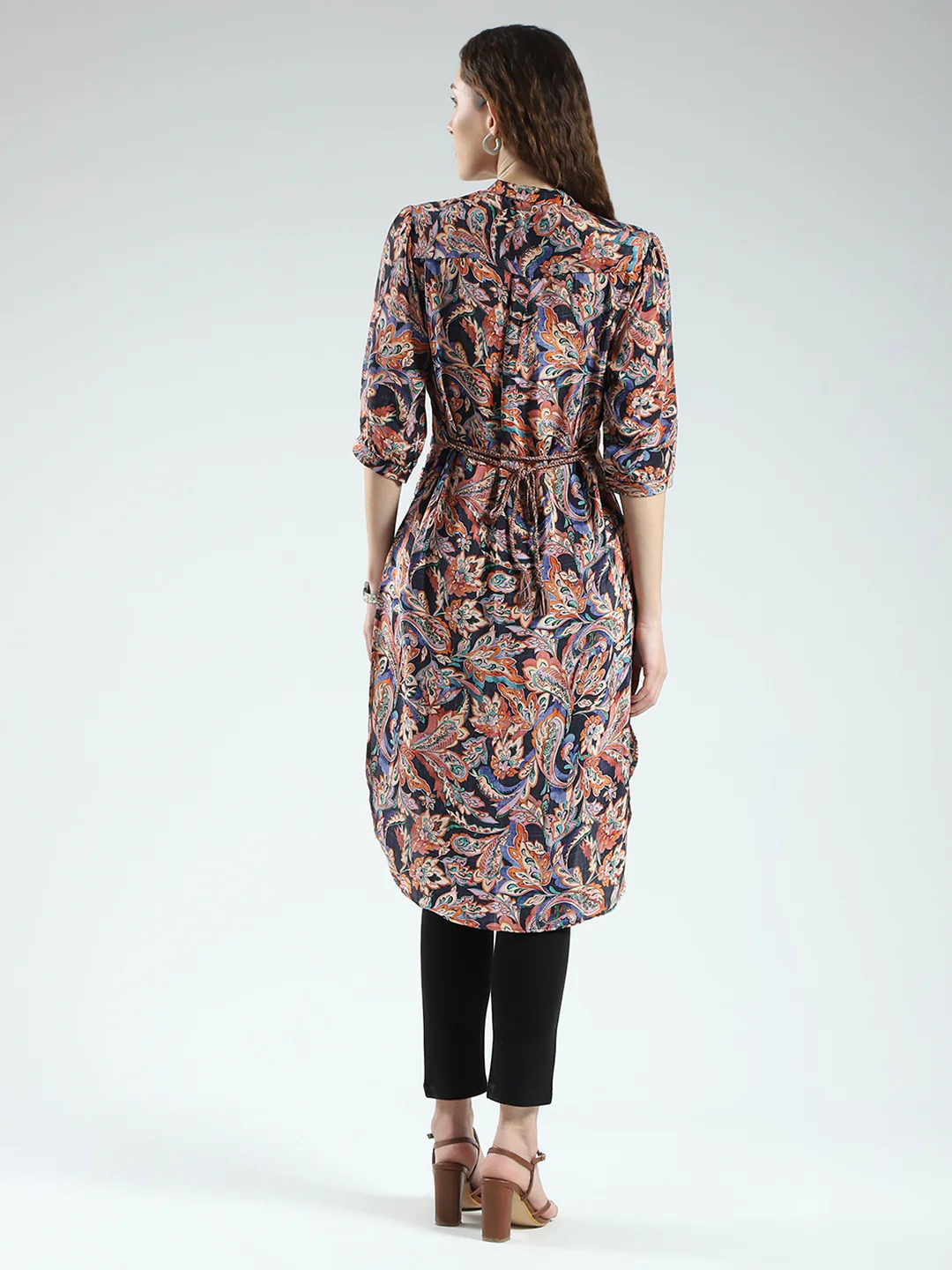 Women Navy Blue Solid Round Neck 3/4th Sleeve Tunic - Image 5